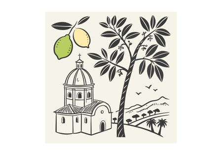 Lemon tree and church on white background. Hand drawn vector illustration.のイラスト素材
