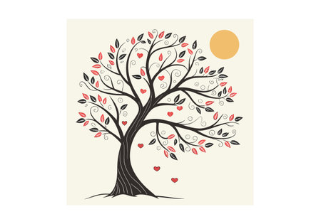 vector tree with red heart on white background. valentines day cardのイラスト素材