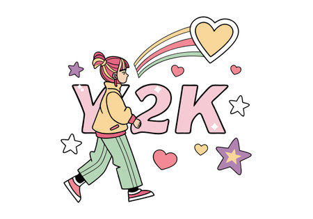 Vector illustration of a girl walking with the word Vek and hearts