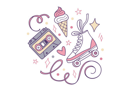 Cassette tape, ice cream, 80s style vector illustrationのイラスト素材
