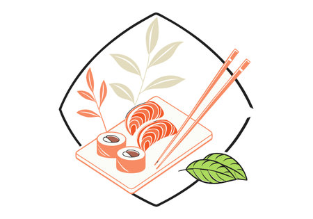 Illustration of sushi with chopsticks and leaves on a white backgroundのイラスト素材