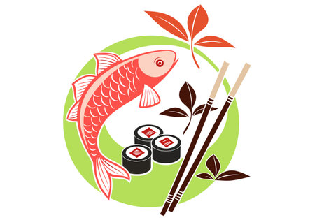 Illustration of a fish and sushi with chopsticks on a green backgroundのイラスト素材