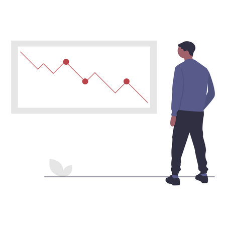 Businessman looking at graph on whiteboard. Vector illustration in flat styleのイラスト素材