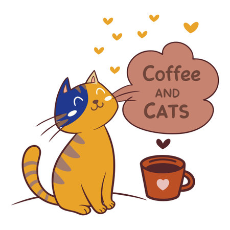 Cute cartoon cat with coffee cup. Hand drawn vector illustration.のイラスト素材