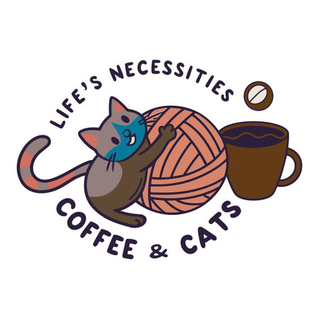 Cute cartoon cat with a ball of yarn and a cup of coffeeのイラスト素材