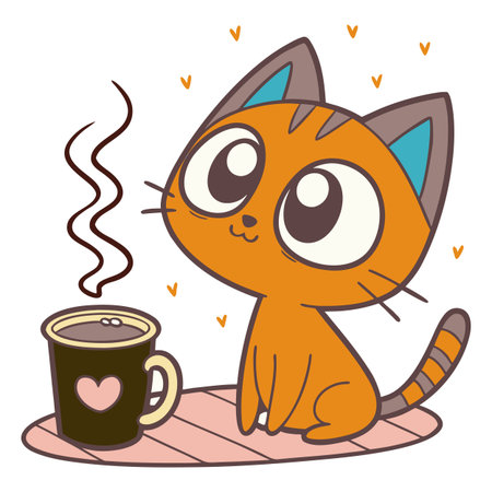 Cute cartoon cat with a cup of coffee. Vector illustration.のイラスト素材