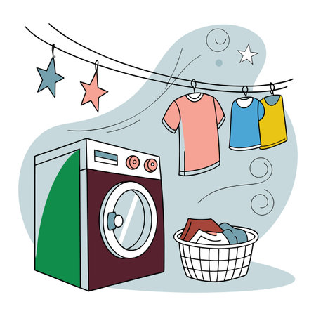 Washing machine and clothes on a clothesline. Vector illustration.のイラスト素材