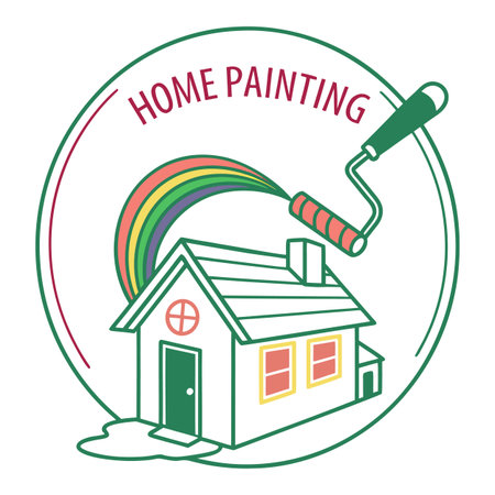 Home painting icon. Vector illustration of a house with paint roller and rainbow.のイラスト素材