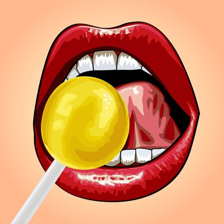 Vector illustration of a lips with sweet sucking candyのイラスト素材