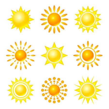 Sun icon set. Yellow sun star icons collection. Vector illustration isolated on white background.のイラスト素材