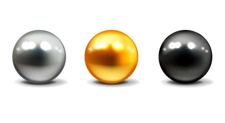 Metal realistic spheres set with reflection. Gold, silver and black.のイラスト素材