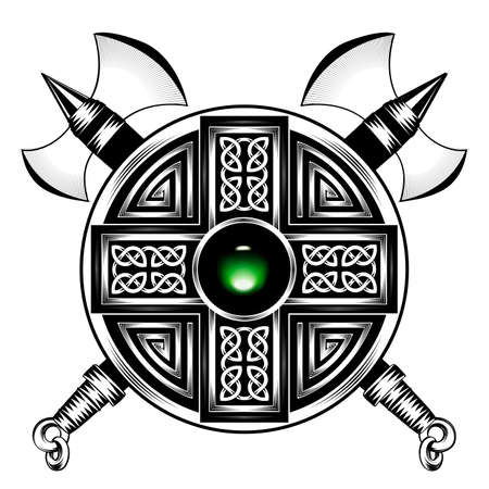 Emblem with round Viking shield and crossed axesのイラスト素材
