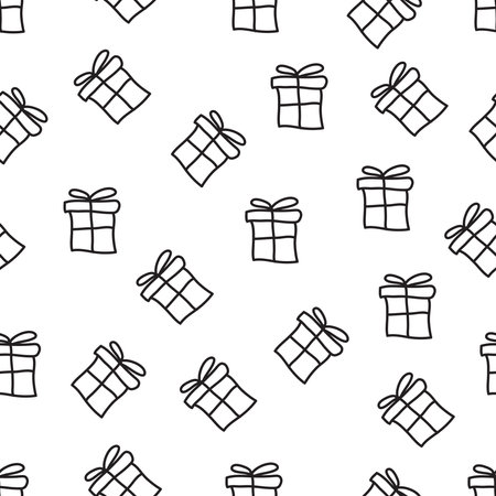 Seamless pattern with gift boxes. Black and white vector illustration.のイラスト素材