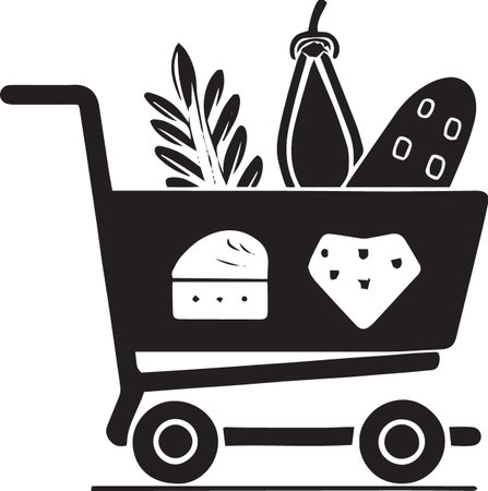 Illustration of a grocery cart full of food on a white backgroundのイラスト素材