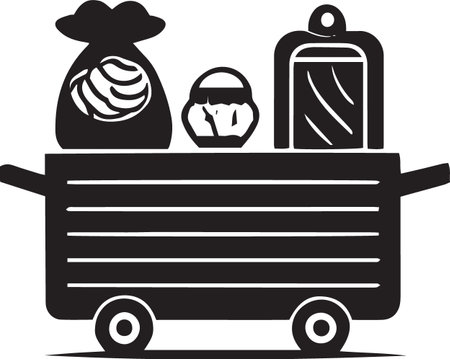 Food truck with food. Black icon isolated on white background. Vector illustration.のイラスト素材
