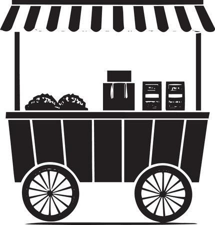 Vector illustration of a black and white cart full of food and drinksのイラスト素材