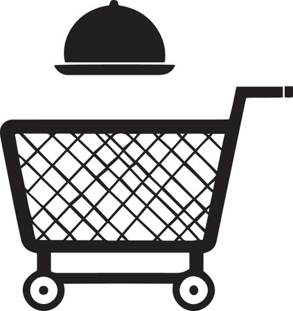Black Shopping cart with food icon isolated on white background. Online buying concept. Delivery service. Supermarket basket. Vector Illustrationのイラスト素材