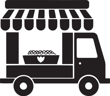 Black Fast food cart with awning and heart icon isolated on white backgroundのイラスト素材