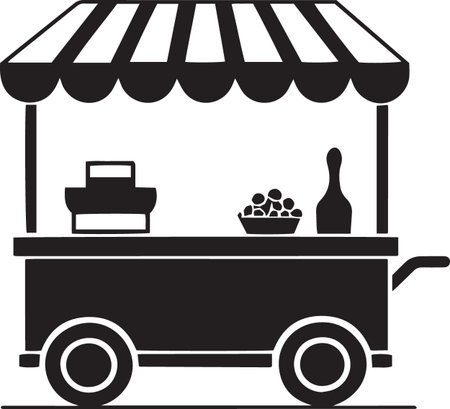 Vector illustration of a street food cart with a bottle of wine and a basket of grapesのイラスト素材
