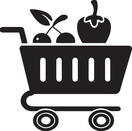 Shopping cart with fruits and vegetables icon isolated on white background. Vector Illustrationのイラスト素材