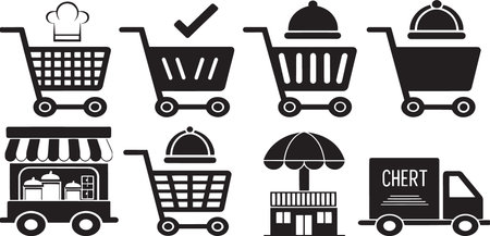 Stylized Silhouette Vector Set of Market Carts, Food Trucks, and Vendor Stalls for Urban Commerceのイラスト素材