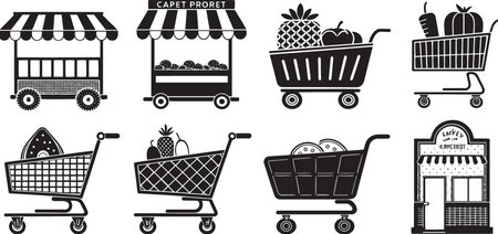 Stylized Silhouette Vector Set of Market Carts, Food Trucks, and Vendor Stalls for Urban Commerceのイラスト素材
