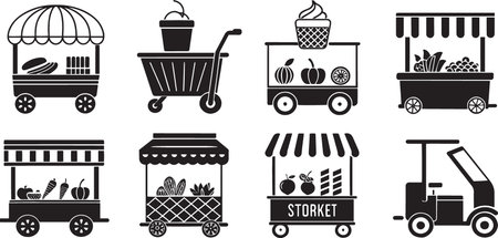 Stylized Silhouette Vector Set of Market Carts, Food Trucks, and Vendor Stalls for Urban Commerceのイラスト素材