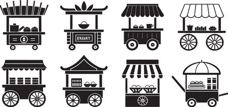 Stylized Silhouette Vector Set of Market Carts, Food Trucks, and Vendor Stalls for Urban Commerceのイラスト素材