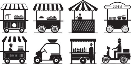 Stylized Silhouette Vector Set of Market Carts, Food Trucks, and Vendor Stalls for Urban Commerceのイラスト素材