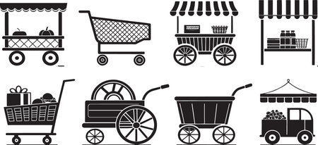 Stylized Silhouette Vector Set of Market Carts, Food Trucks, and Vendor Stalls for Urban Commerceのイラスト素材
