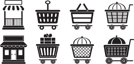 Stylized Silhouette Vector Set of Market Carts, Food Trucks, and Vendor Stalls for Urban Commerceのイラスト素材