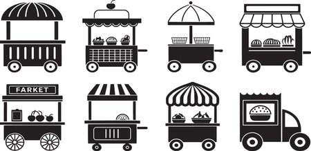 Stylized Silhouette Vector Set of Market Carts, Food Trucks, and Vendor Stalls for Urban Commerceのイラスト素材