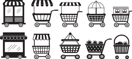 Stylized Silhouette Vector Set of Market Carts, Food Trucks, and Vendor Stalls for Urban Commerceのイラスト素材