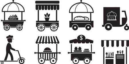 Stylized Silhouette Vector Set of Market Carts, Food Trucks, and Vendor Stalls for Urban Commerceのイラスト素材