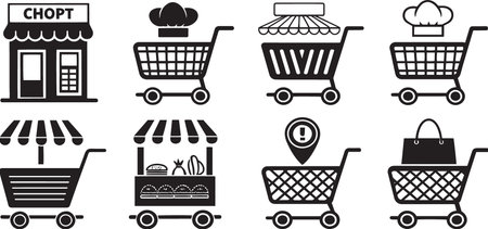 Stylized Silhouette Vector Set of Market Carts, Food Trucks, and Vendor Stalls for Urban Commerceのイラスト素材