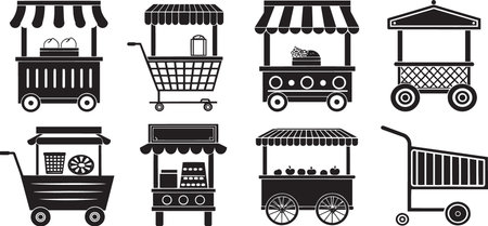 Stylized Silhouette Vector Set of Market Carts, Food Trucks, and Vendor Stalls for Urban Commerceのイラスト素材
