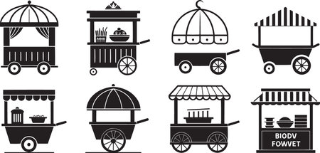 Stylized Silhouette Vector Set of Market Carts, Food Trucks, and Vendor Stalls for Urban Commerceのイラスト素材