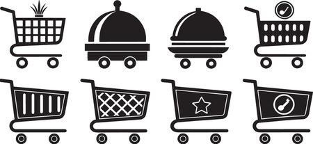 Stylized Silhouette Vector Set of Market Carts, Food Trucks, and Vendor Stalls for Urban Commerceのイラスト素材