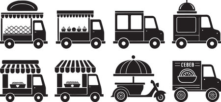 Stylized Silhouette Vector Set of Market Carts, Food Trucks, and Vendor Stalls for Urban Commerceのイラスト素材