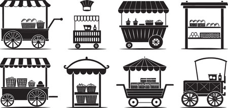 Stylized Silhouette Vector Set of Market Carts, Food Trucks, and Vendor Stalls for Urban Commerceのイラスト素材