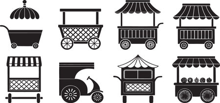 Stylized Silhouette Vector Set of Market Carts, Food Trucks, and Vendor Stalls for Urban Commerceのイラスト素材