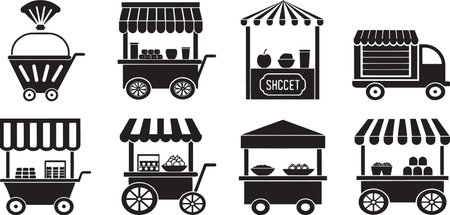 Stylized Silhouette Vector Set of Market Carts, Food Trucks, and Vendor Stalls for Urban Commerceのイラスト素材