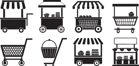 Stylized Silhouette Vector Set of Market Carts, Food Trucks, and Vendor Stalls for Urban Commerceのイラスト素材