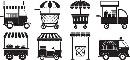 Stylized Silhouette Vector Set of Market Carts, Food Trucks, and Vendor Stalls for Urban Commerceのイラスト素材