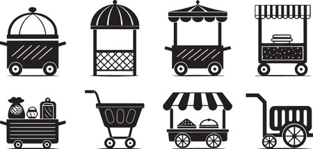 Stylized Silhouette Vector Set of Market Carts, Food Trucks, and Vendor Stalls for Urban Commerceのイラスト素材