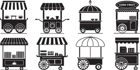 Stylized Silhouette Vector Set of Market Carts, Food Trucks, and Vendor Stalls for Urban Commerceのイラスト素材