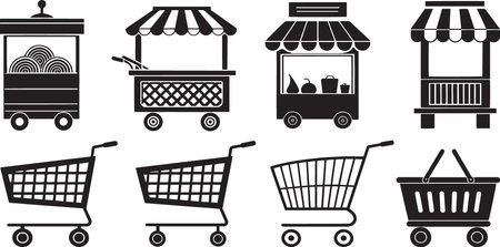Stylized Silhouette Vector Set of Market Carts, Food Trucks, and Vendor Stalls for Urban Commerceのイラスト素材