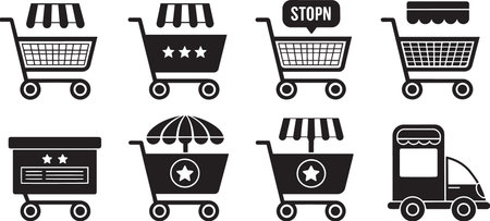 Stylized Silhouette Vector Set of Market Carts, Food Trucks, and Vendor Stalls for Urban Commerceのイラスト素材