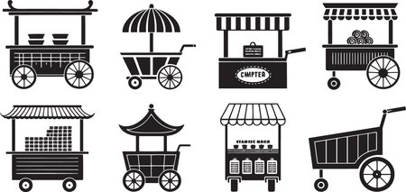 Stylized Silhouette Vector Set of Market Carts, Food Trucks, and Vendor Stalls for Urban Commerceのイラスト素材