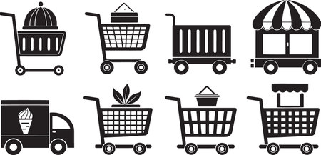 Stylized Silhouette Vector Set of Market Carts, Food Trucks, and Vendor Stalls for Urban Commerceのイラスト素材